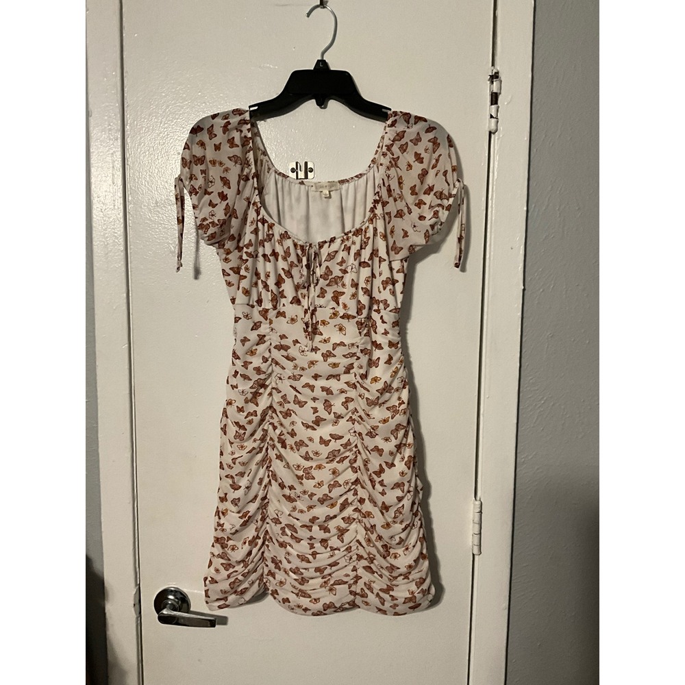 Ultra Flirt Butterfly‎ Print Ruched Mini Dress White Brown RK517333 Womens Large